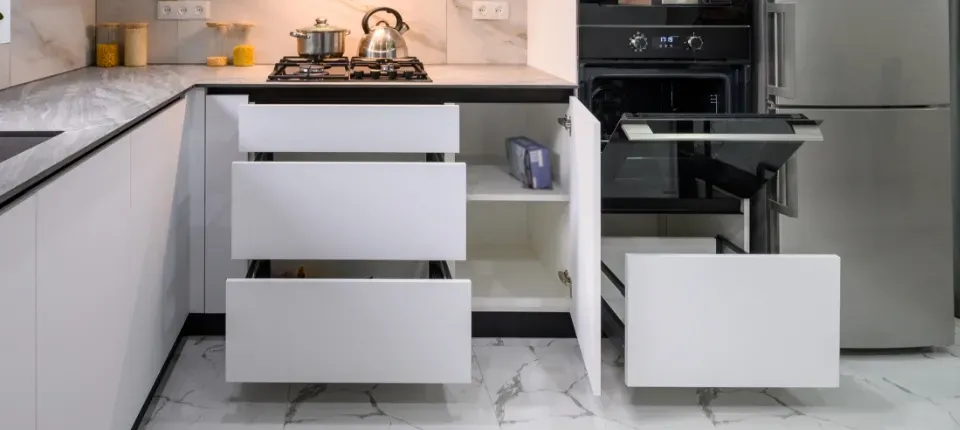 pull out, under counter shelving in a kitchen